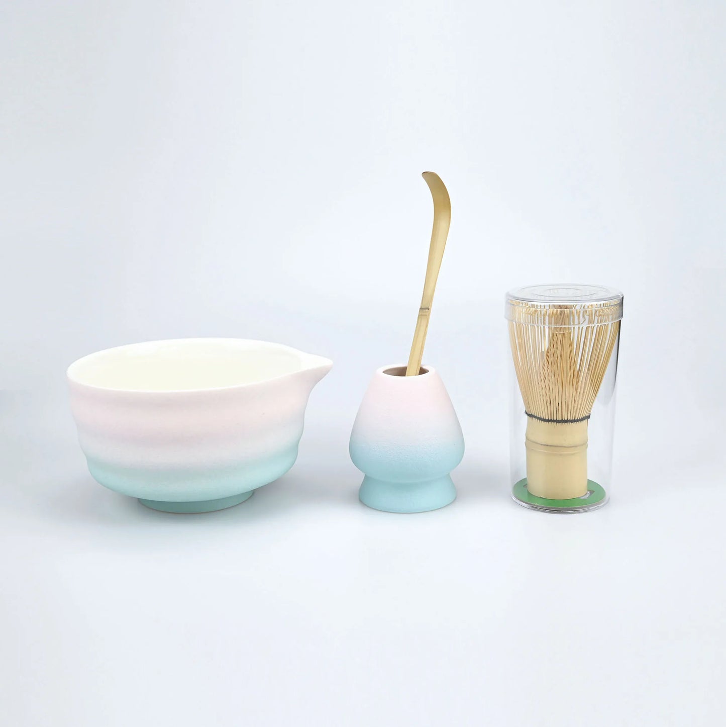 Kit Cérémonie Matcha en Porcelaine & Bambou – Bol, Fouet et Support – Dégradé Bleu, Orange ou Vert