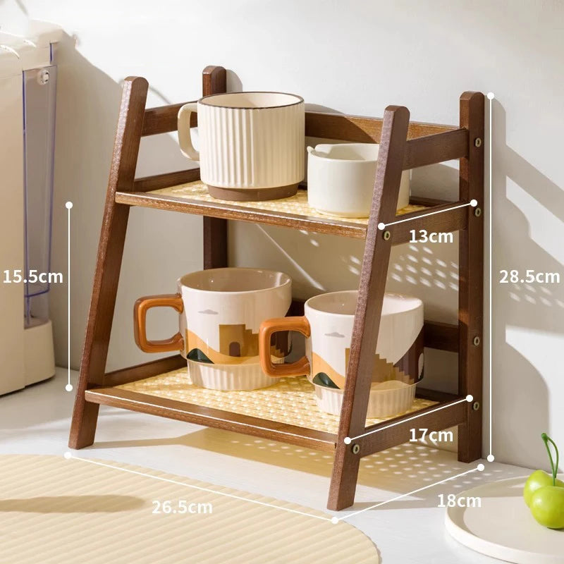 Organisateur de comptoir 2 niveaux en bois – Porte-gobelet et étagère de rangement polyvalente pour accessoires de matcha et café (2 couleurs)