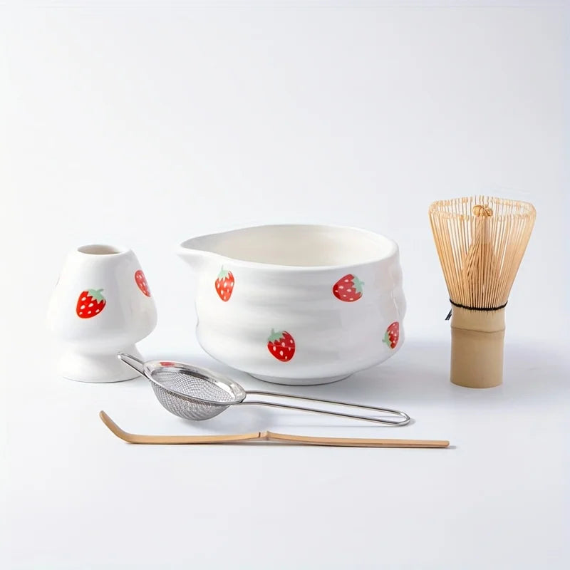 Set à Matcha Fraise Japonais – 1/3/4/5 pièces | Bol en Céramique & Fouet | Kit Traditionnel Adorable pour Cérémonie de Thé