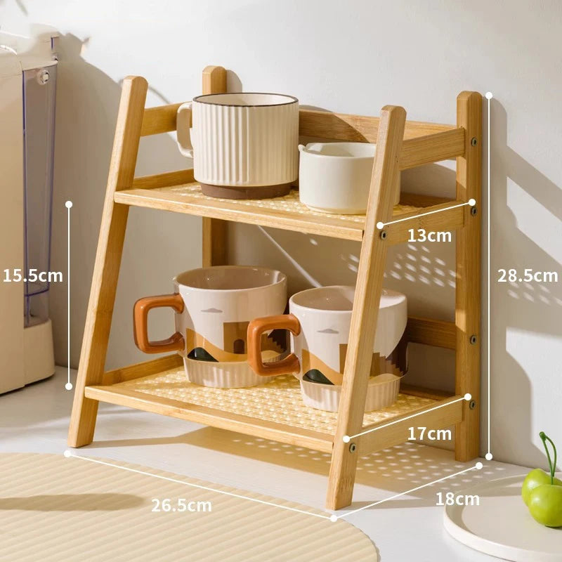 Organisateur de comptoir 2 niveaux en bois – Porte-gobelet et étagère de rangement polyvalente pour accessoires de matcha et café (2 couleurs)