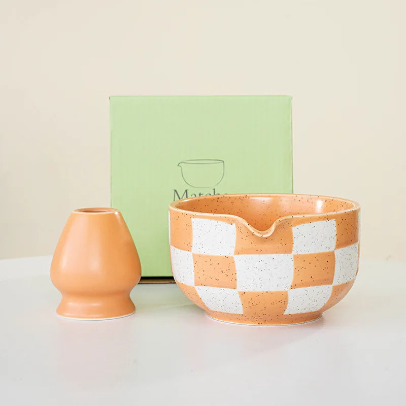 Bol Matcha en céramique à motif à carreaux, grande capacité, résistant aux hautes températures, tasse à thé vert, outil de cérémonie du thé, nouveau 2025