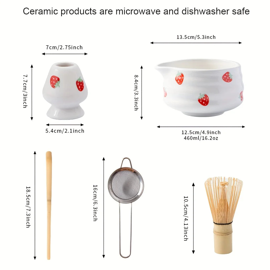 Set à Matcha Fraise Japonais – 1/3/4/5 pièces | Bol en Céramique & Fouet | Kit Traditionnel Adorable pour Cérémonie de Thé