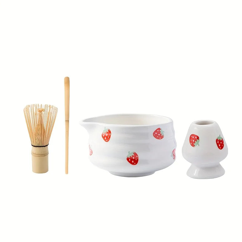 Set à Matcha Fraise Japonais – 1/3/4/5 pièces | Bol en Céramique & Fouet | Kit Traditionnel Adorable pour Cérémonie de Thé