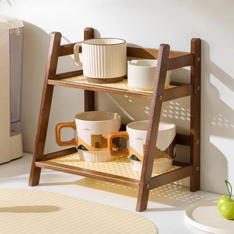Organisateur de comptoir 2 niveaux en bois – Porte-gobelet et étagère de rangement polyvalente pour accessoires de matcha et café (2 couleurs)