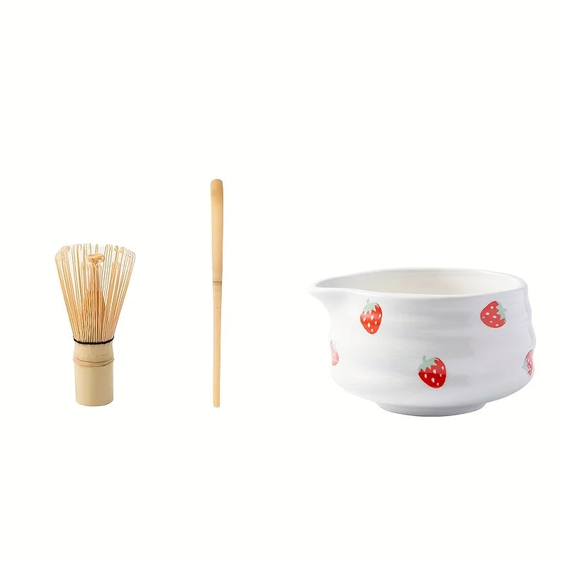 Set à Matcha Fraise Japonais – 1/3/4/5 pièces | Bol en Céramique & Fouet | Kit Traditionnel Adorable pour Cérémonie de Thé