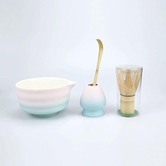 Kit Cérémonie Matcha en Porcelaine & Bambou – Bol, Fouet et Support – Dégradé Bleu, Orange ou Vert