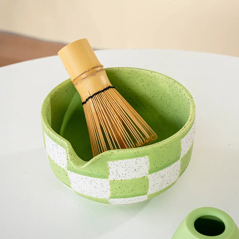 Bol Matcha en céramique à motif à carreaux, grande capacité, résistant aux hautes températures, tasse à thé vert, outil de cérémonie du thé, nouveau 2025