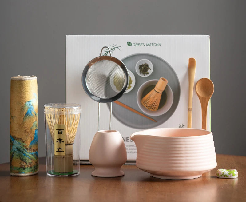 Ensemble Matcha avec bol Matcha rose, 8 pièces, fouet Matcha, support Chasen en céramique, cuillère à thé au whisky, coffret cadeau, Kit Matcha pour les amateurs de thé