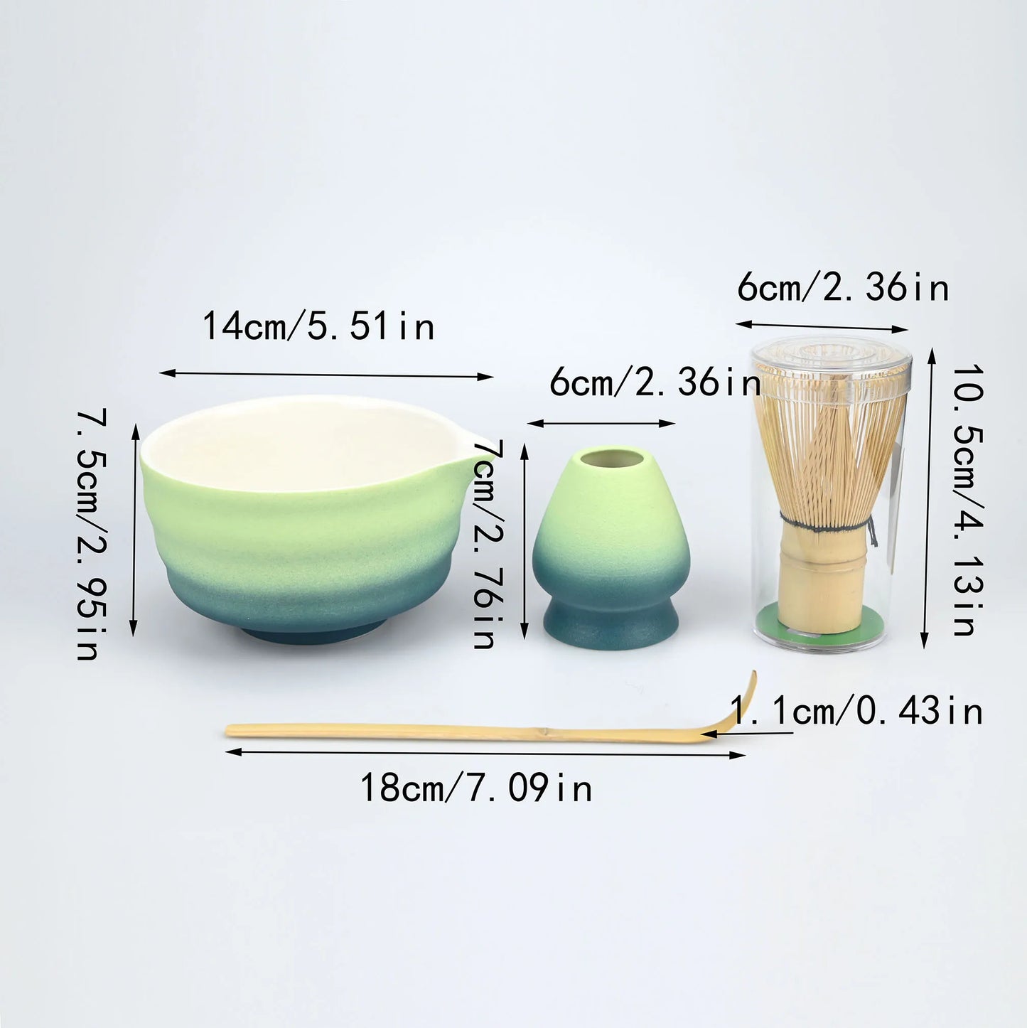 Kit Cérémonie Matcha en Porcelaine & Bambou – Bol, Fouet et Support – Dégradé Bleu, Orange ou Vert