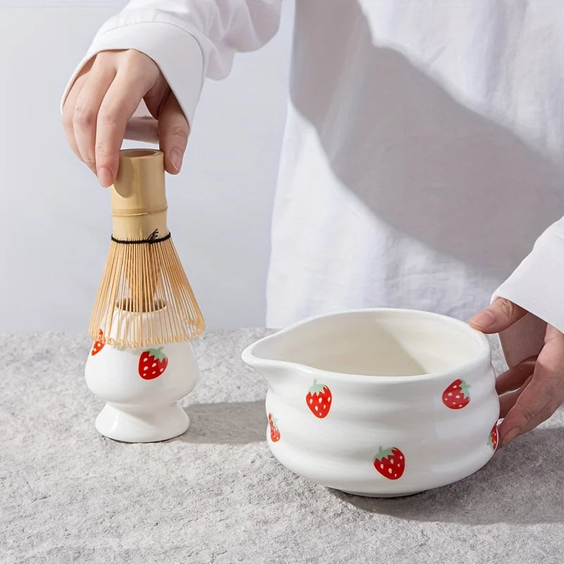 Set à Matcha Fraise Japonais – 1/3/4/5 pièces | Bol en Céramique & Fouet | Kit Traditionnel Adorable pour Cérémonie de Thé
