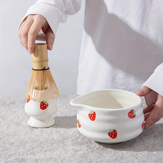 Set à Matcha Fraise Japonais – 1/3/4/5 pièces | Bol en Céramique & Fouet | Kit Traditionnel Adorable pour Cérémonie de Thé