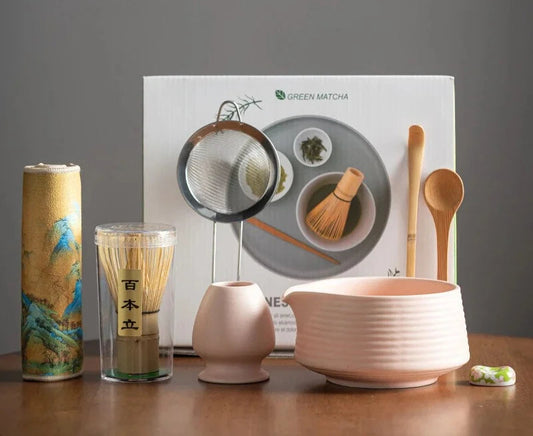 Ensemble Matcha avec bol Matcha rose, 8 pièces, fouet Matcha, support Chasen en céramique, cuillère à thé au whisky, coffret cadeau, Kit Matcha pour les amateurs de thé