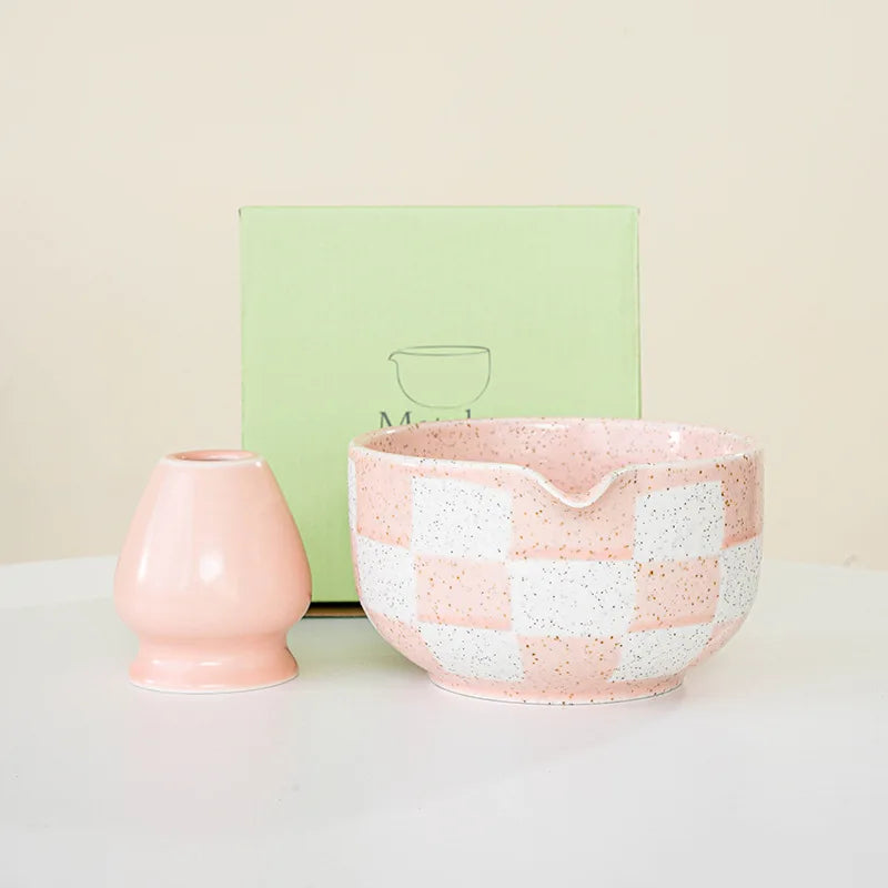 Bol Matcha en céramique à motif à carreaux, grande capacité, résistant aux hautes températures, tasse à thé vert, outil de cérémonie du thé, nouveau 2025