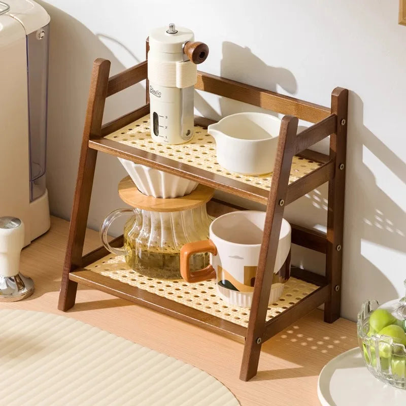Organisateur de comptoir 2 niveaux en bois – Porte-gobelet et étagère de rangement polyvalente pour accessoires de matcha et café (2 couleurs)