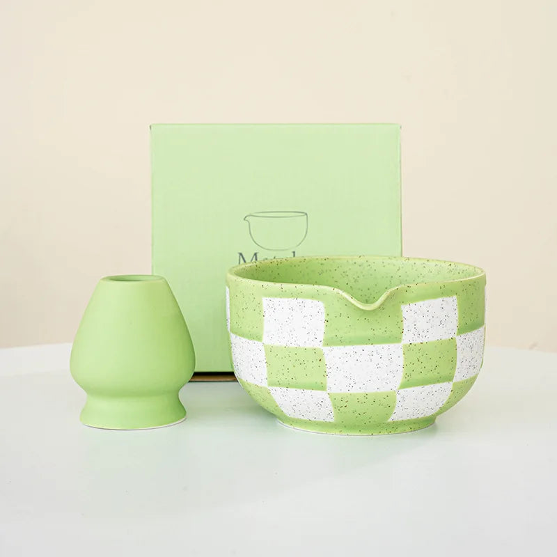 Bol Matcha en céramique à motif à carreaux, grande capacité, résistant aux hautes températures, tasse à thé vert, outil de cérémonie du thé, nouveau 2025