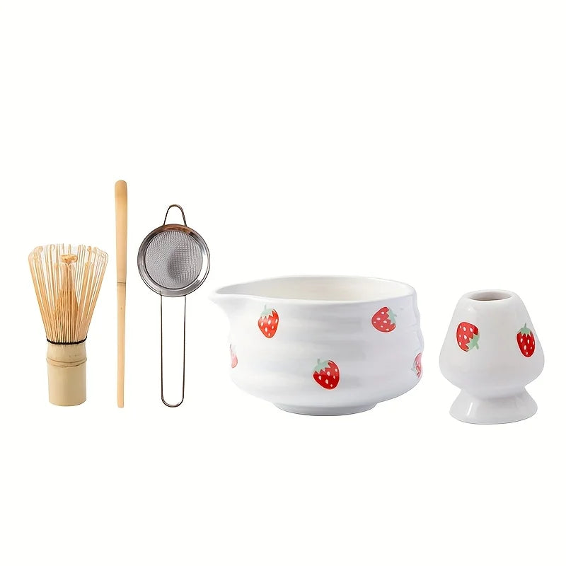 Set à Matcha Fraise Japonais – 1/3/4/5 pièces | Bol en Céramique & Fouet | Kit Traditionnel Adorable pour Cérémonie de Thé
