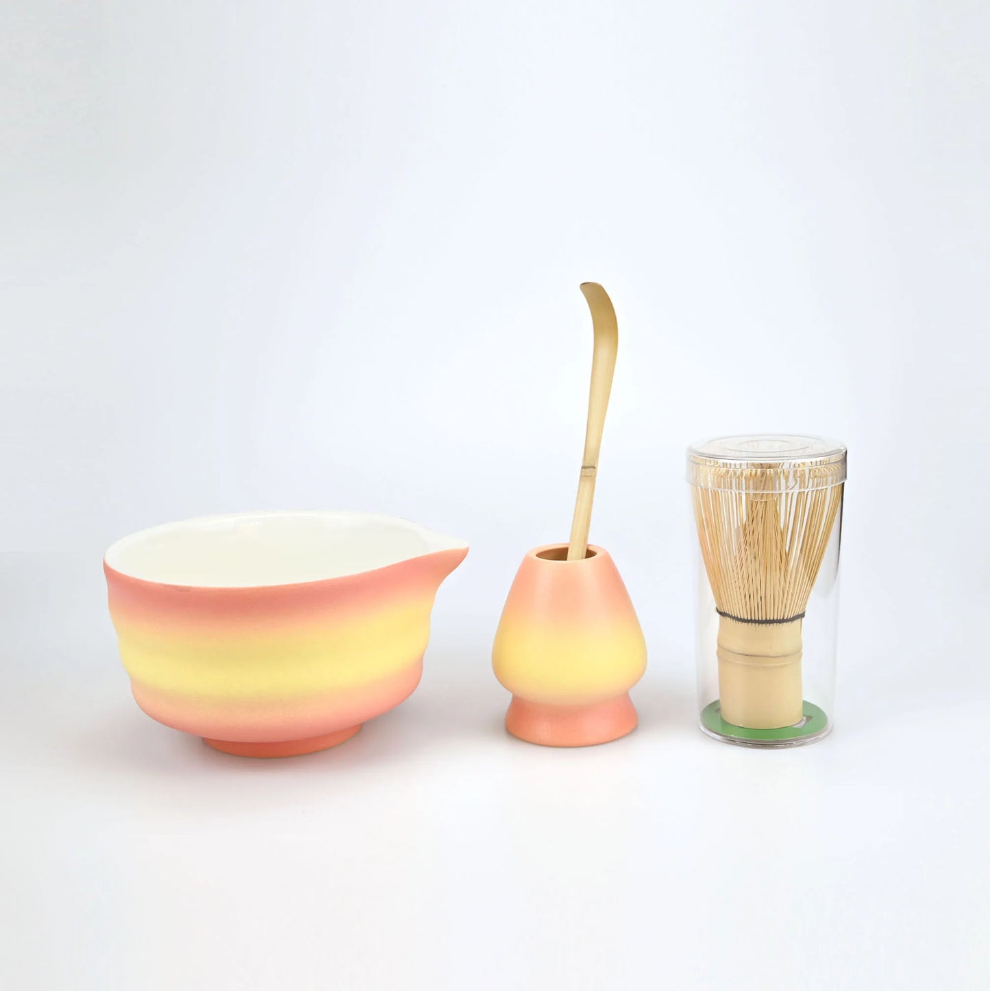 Kit Cérémonie Matcha en Porcelaine & Bambou – Bol, Fouet et Support – Dégradé Bleu, Orange ou Vert
