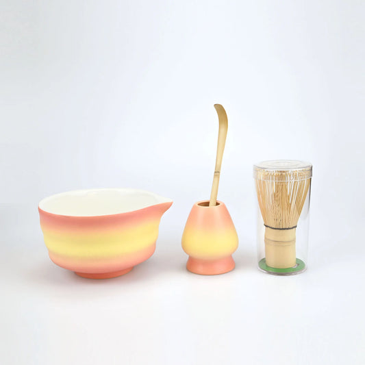 Kit Cérémonie Matcha en Porcelaine & Bambou – Bol, Fouet et Support – Dégradé Bleu, Orange ou Vert