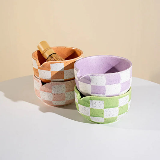 Bol Matcha en céramique à motif à carreaux, grande capacité, résistant aux hautes températures, tasse à thé vert, outil de cérémonie du thé, nouveau 2025