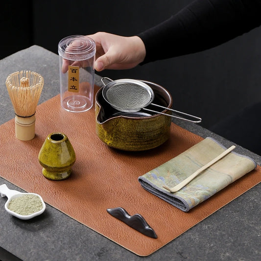 Set Matcha Japonais 4 ou 7 Pièces – Bol 430ml, Fouet Bambou, Cuillère, Filtre & Tapis | Cérémonie Artisanale & Accessoires Thé