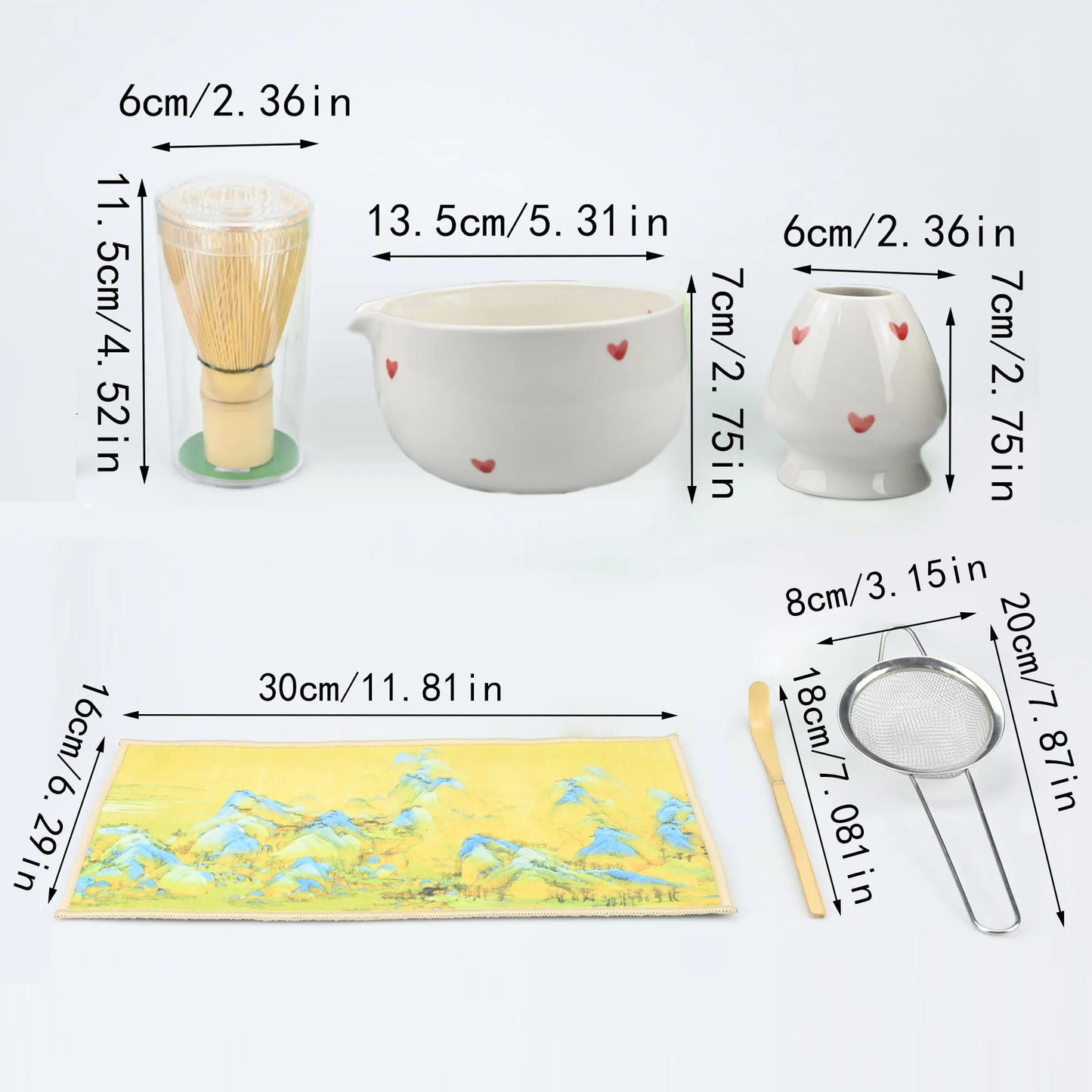 Kit Cérémonie Matcha – Édition Romantique – Bol Blanc à Cœurs Rouges, Fouet et Accessoires en Bambou