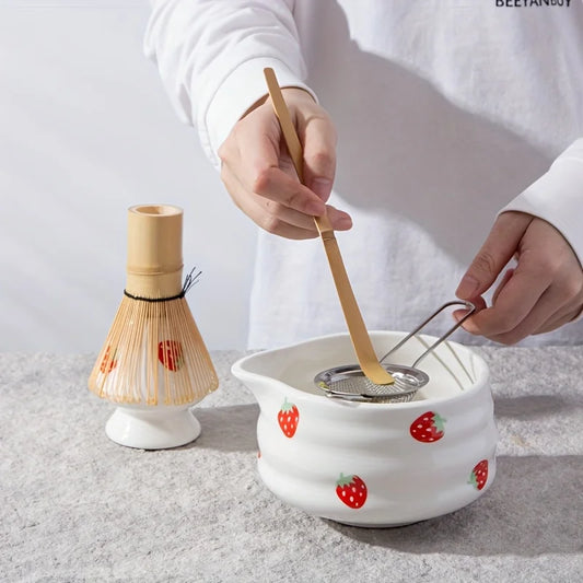 Set à Matcha Fraise Japonais – 1/3/4/5 pièces | Bol en Céramique & Fouet | Kit Traditionnel Adorable pour Cérémonie de Thé