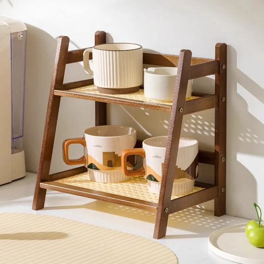 Organisateur de comptoir 2 niveaux en bois – Porte-gobelet et étagère de rangement polyvalente pour accessoires de matcha et café (2 couleurs)