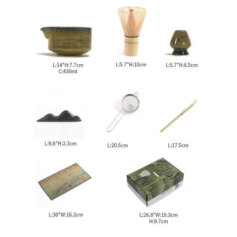 Set Matcha Japonais 4 ou 7 Pièces – Bol 430ml, Fouet Bambou, Cuillère, Filtre & Tapis | Cérémonie Artisanale & Accessoires Thé