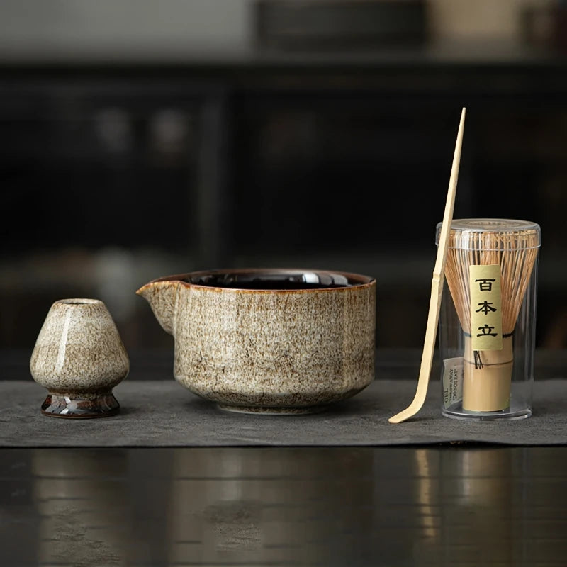 Set Matcha Japonais 4 ou 7 Pièces – Bol 430ml, Fouet Bambou, Cuillère, Filtre & Tapis | Cérémonie Artisanale & Accessoires Thé