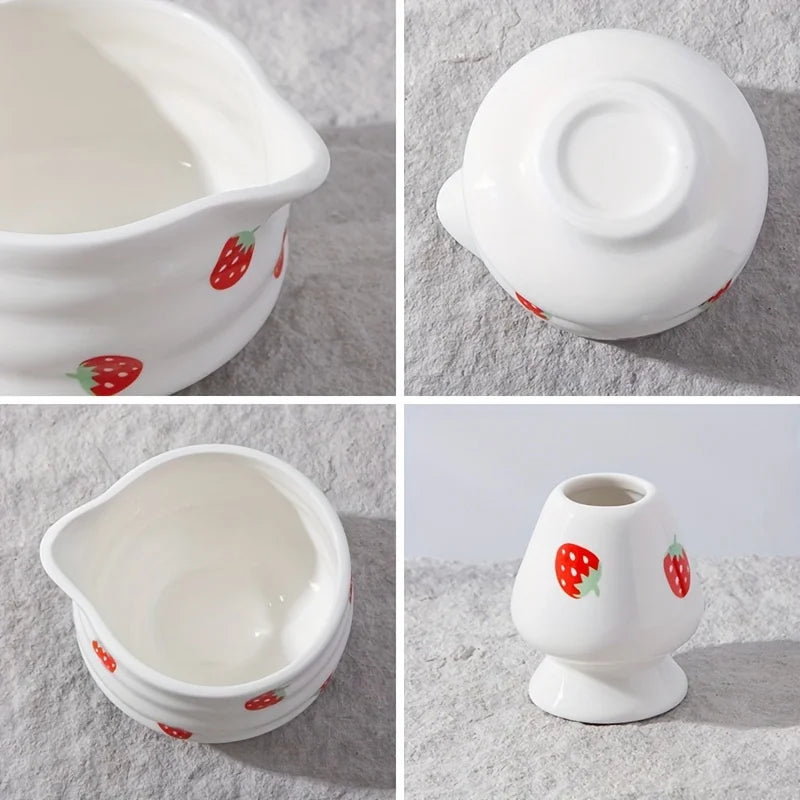 Set à Matcha Fraise Japonais – 1/3/4/5 pièces | Bol en Céramique & Fouet | Kit Traditionnel Adorable pour Cérémonie de Thé